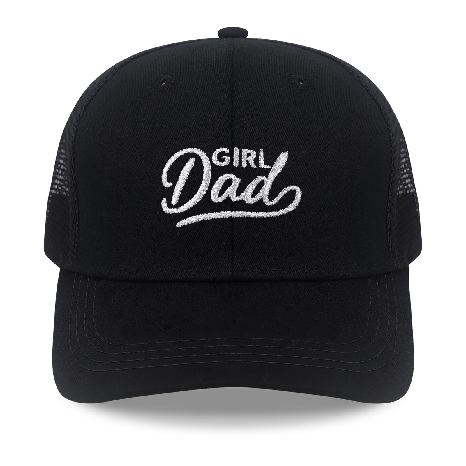 Front view of SJUDHHG Girl Dad Hat with GIRL DAD embroidery on black twill