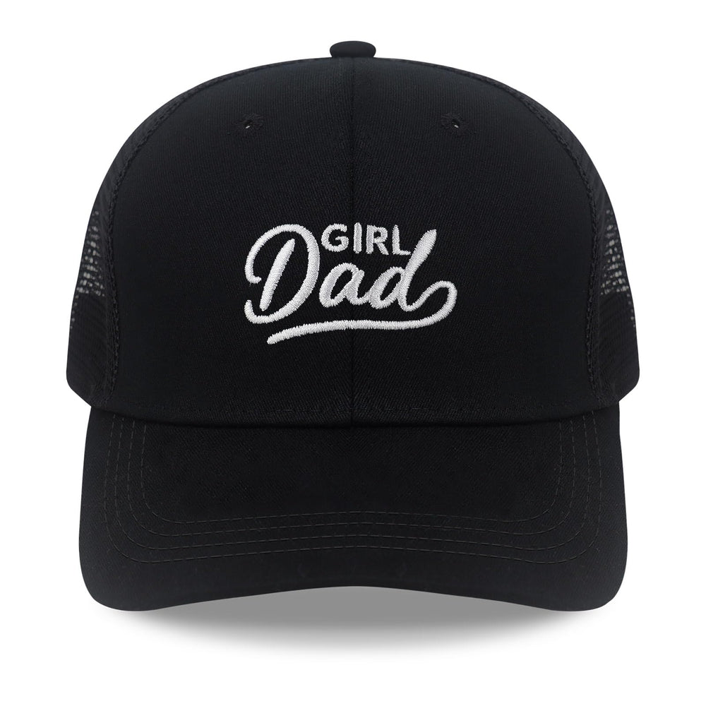 Front view of SJUDHHG Girl Dad Hat with GIRL DAD embroidery on black twill