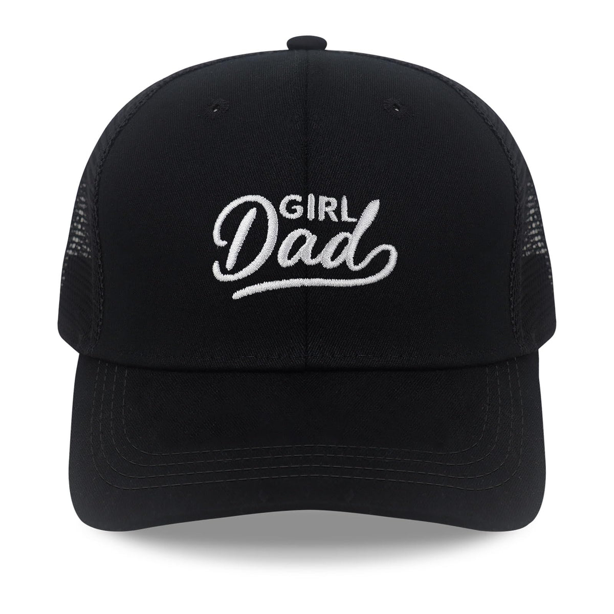Front view of SJUDHHG Girl Dad Hat with GIRL DAD embroidery on black twill