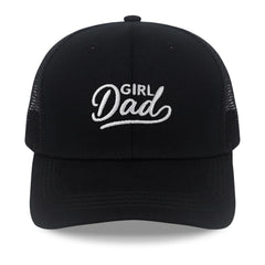 Front view of SJUDHHG Girl Dad Hat with GIRL DAD embroidery on black twill
