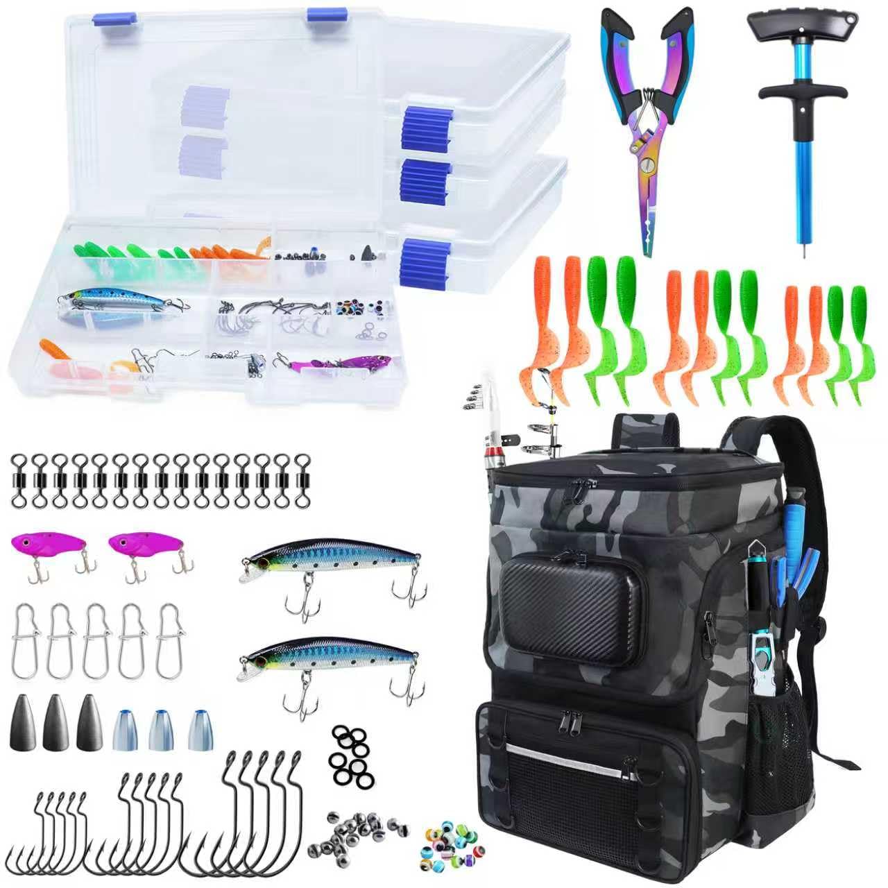 SKAITU fishing backpack with four tackle boxes for organized multi-day trips.