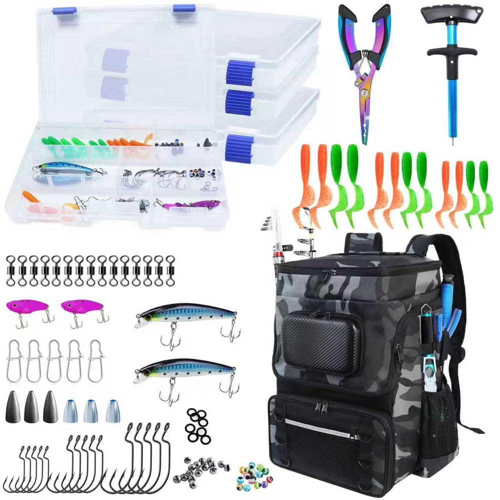 SKAITU fishing backpack with four tackle boxes for organized multi-day trips.