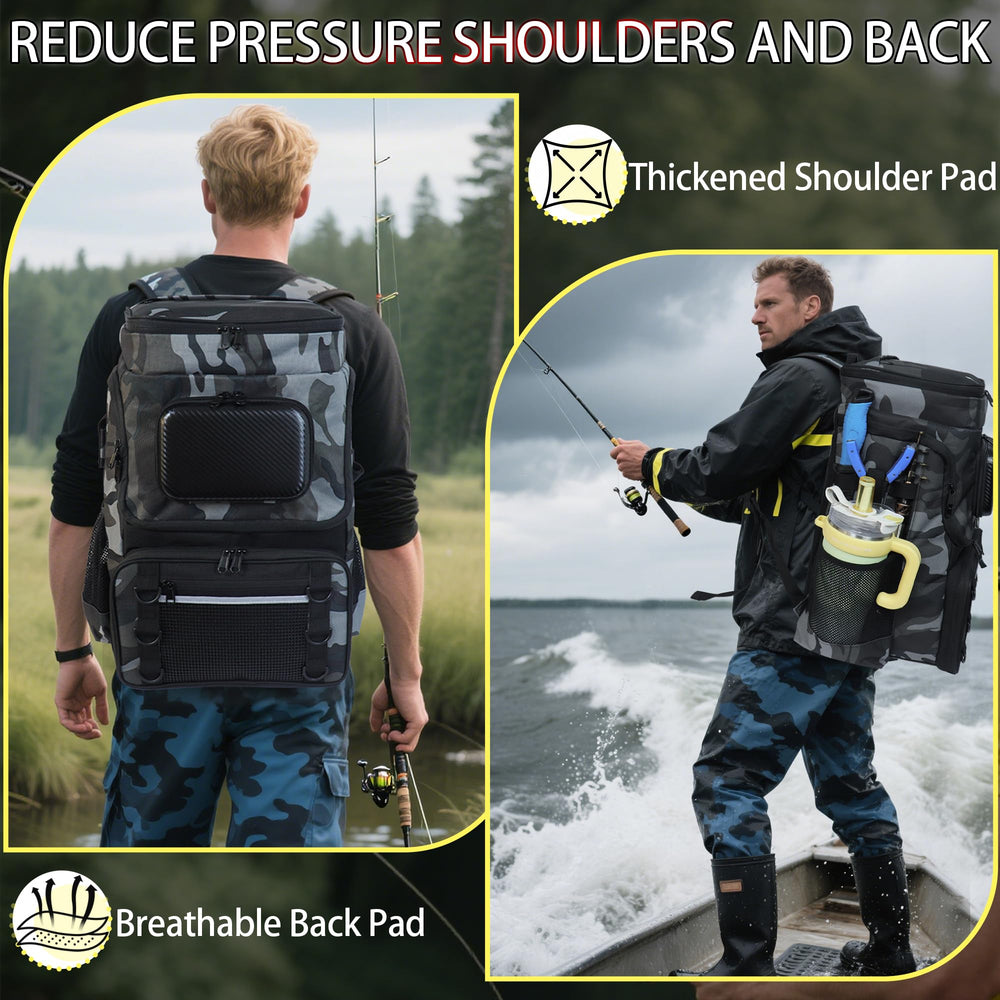 SKAITU padded back panel and straps reduce fatigue during long fishing trips.