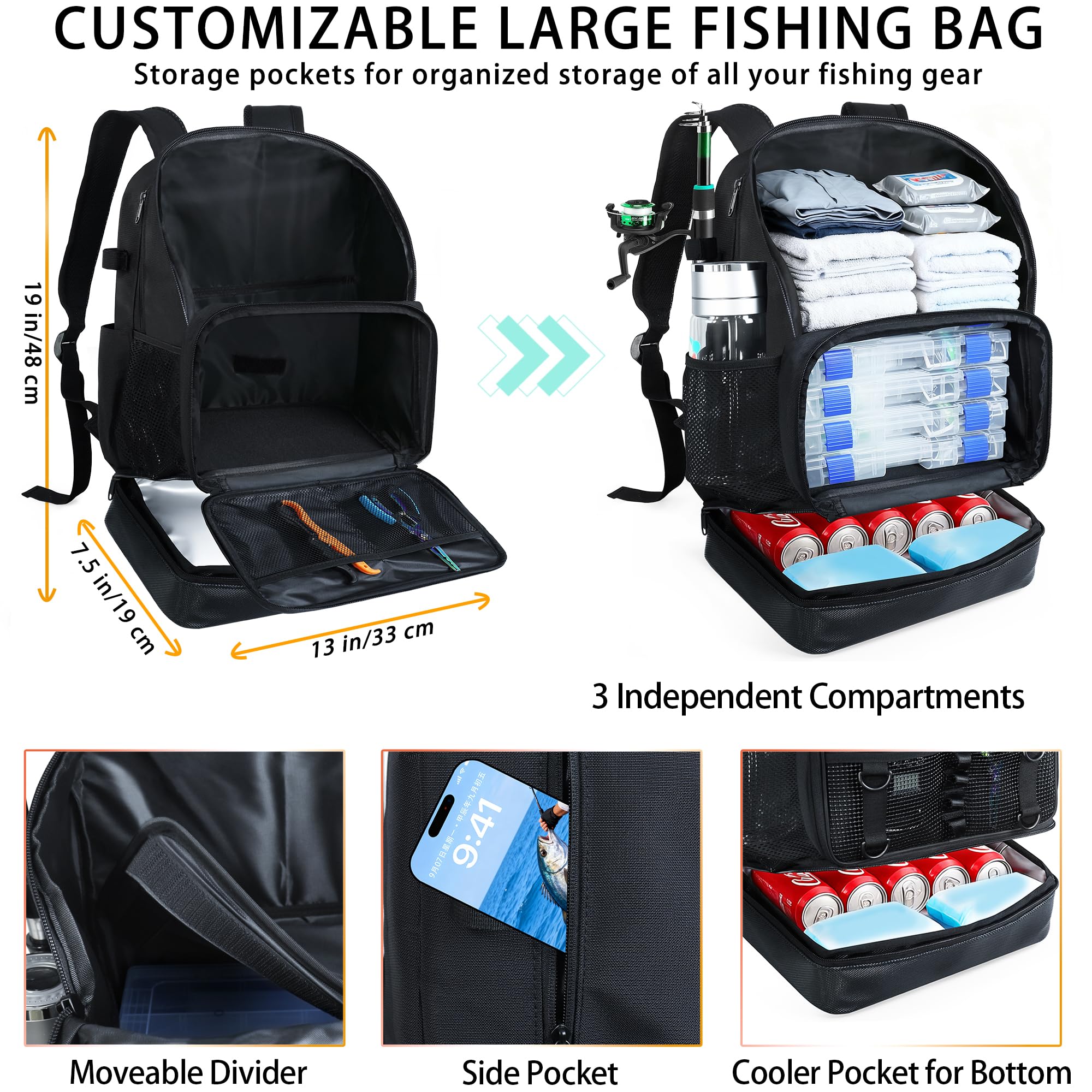 Main compartment with movable padded divider and space for 3600 tackle trays