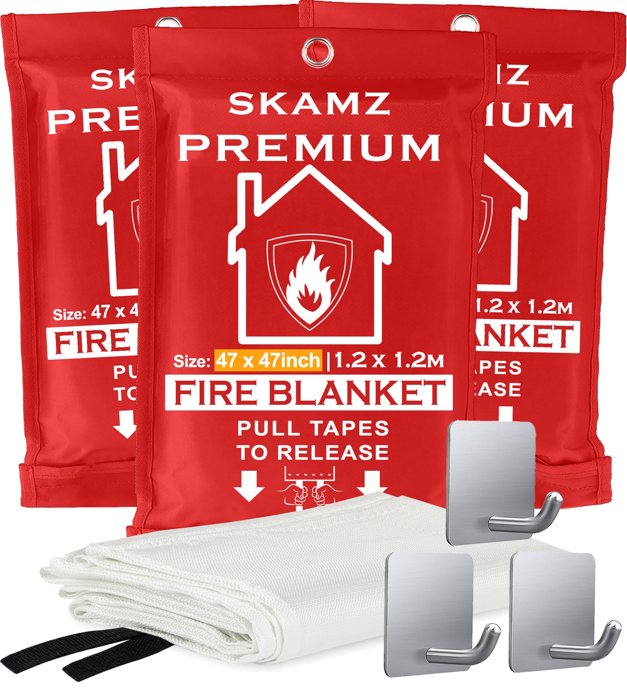 SKAMZ Emergency Fire Blanket XL 47x47 in action smothering a kitchen flame quickly.