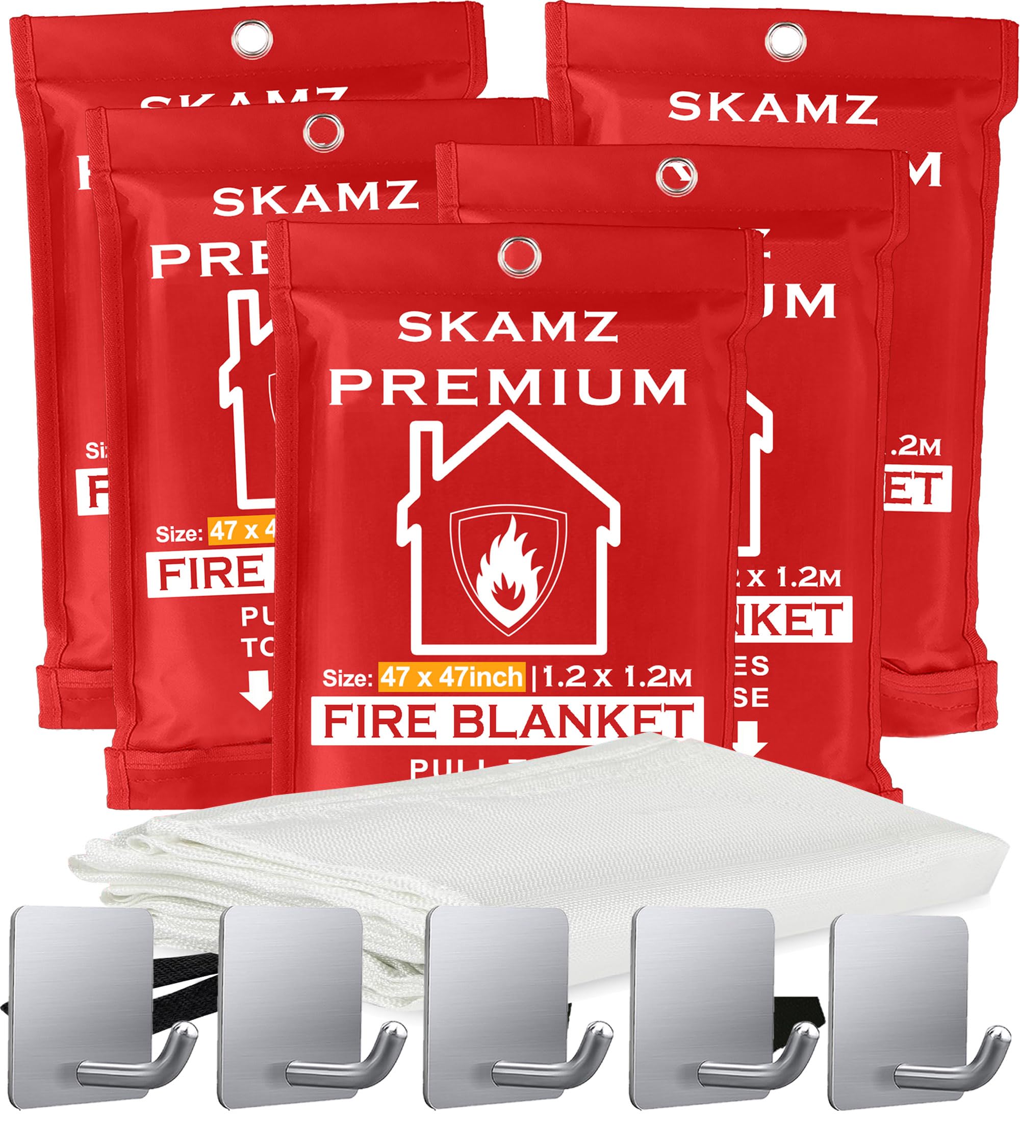 SKAMZ emergency fire blanket XL 47x47 with hooks for quick kitchen and home safety
