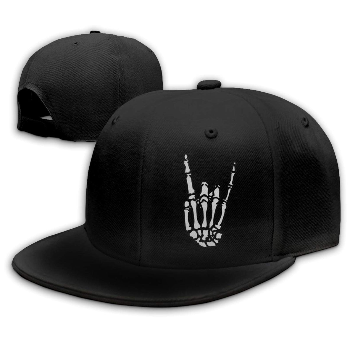 Front view of Cool Skeleton Hand Flat Bill Hat in black