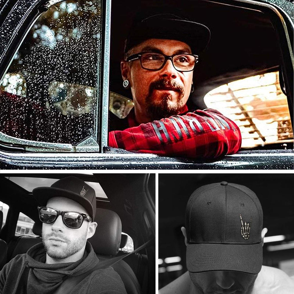 Model wearing the black Skeleton Hand flat bill hat