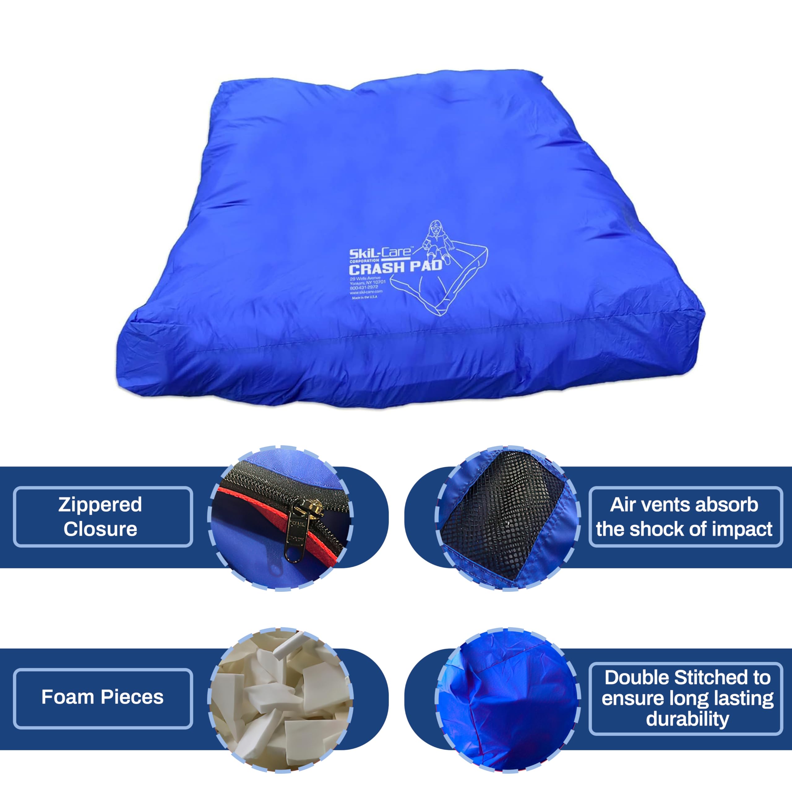Blue water-resistant outer shell by Skil-Care protects the crash pad during daily activities.