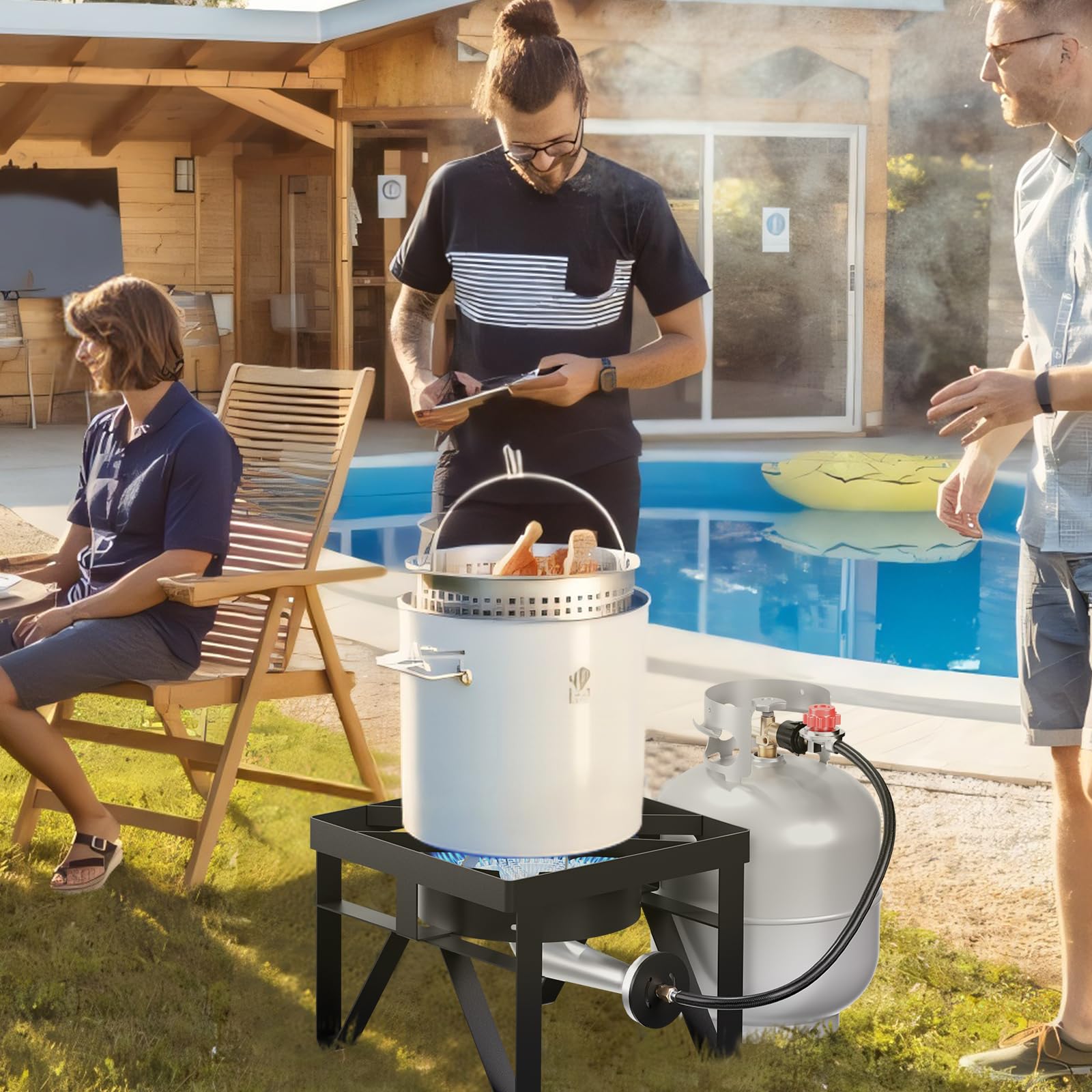 Tailgate-ready SKOK cooking scene shows family-friendly outdoor meal prep