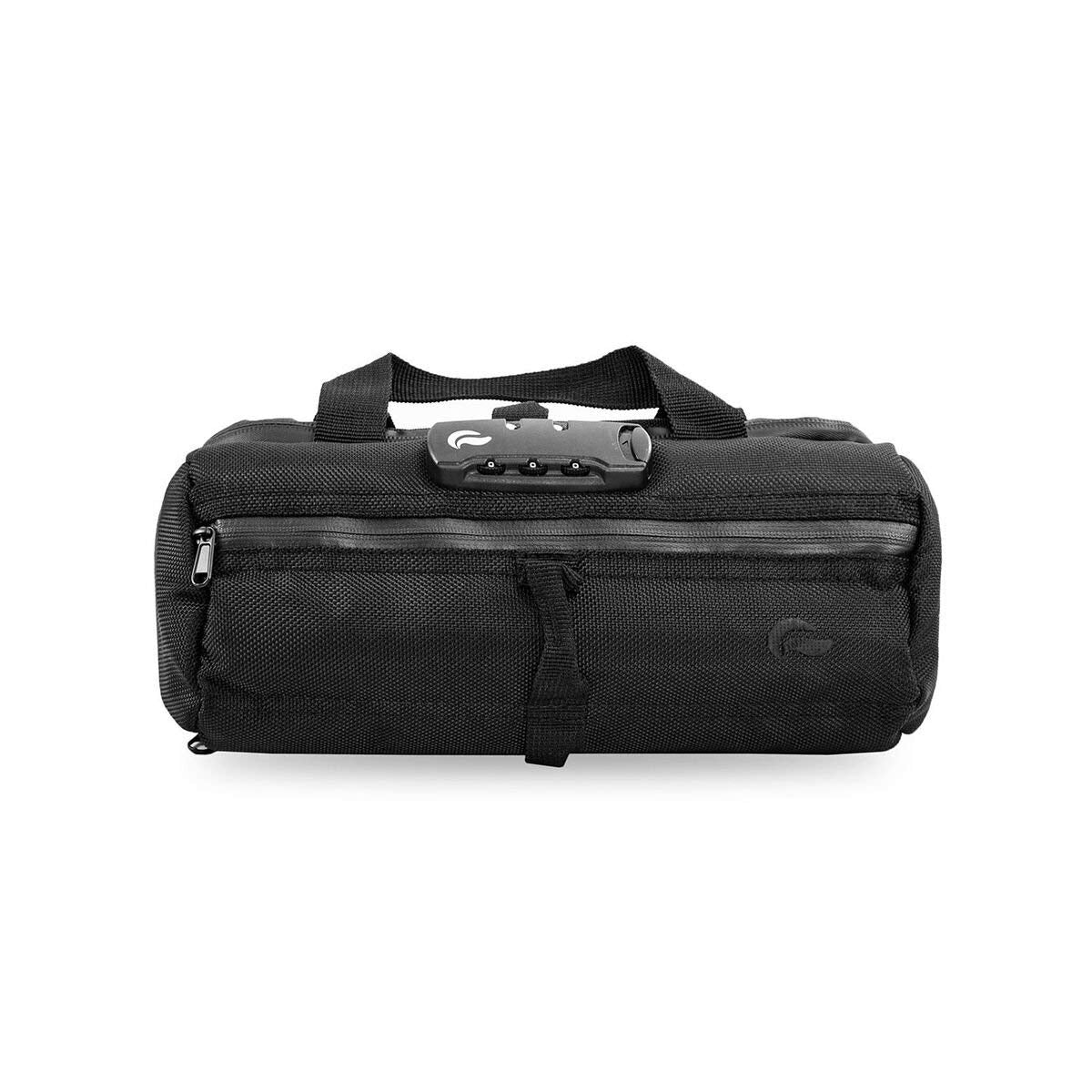 Skunk Duffle small 10in black side view emphasizes compact portability.