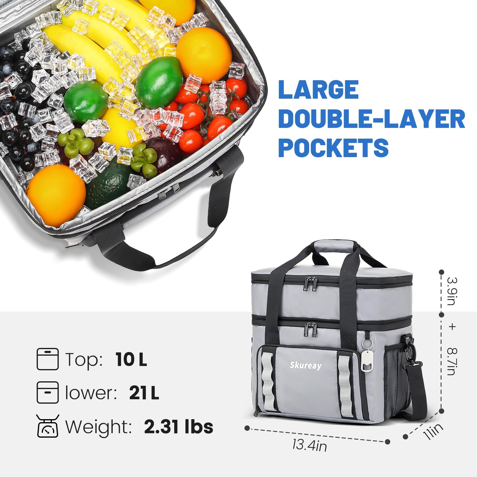 Skureay cooler bag gray open top compartment highlights dual 21L and 10L storage for snacks and drinks