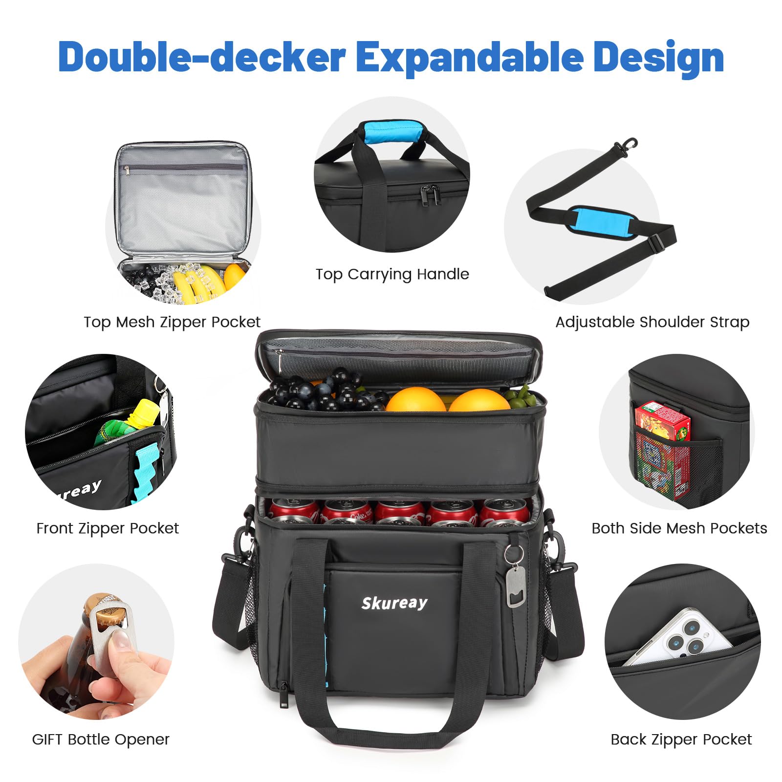 Skureay smart-organization cooler-bag offers pockets for bottles and utensils.