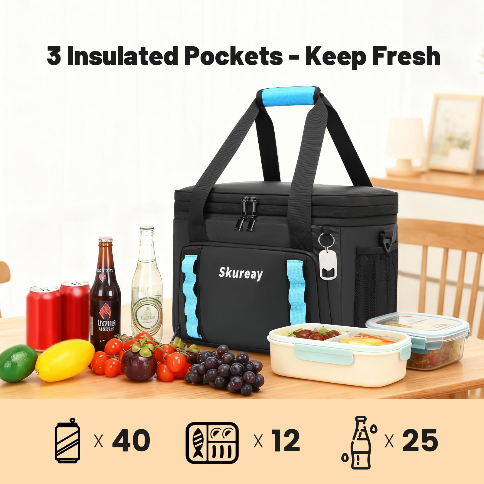 Skureay portable-cooler bag ideal for beach, camping, kayaking, and road trips.