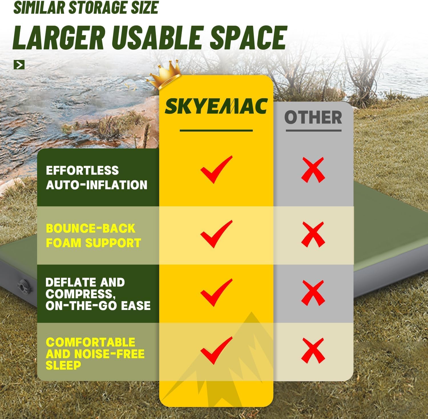 Skyemac self-inflating memory foam pad full-size fits couples and families