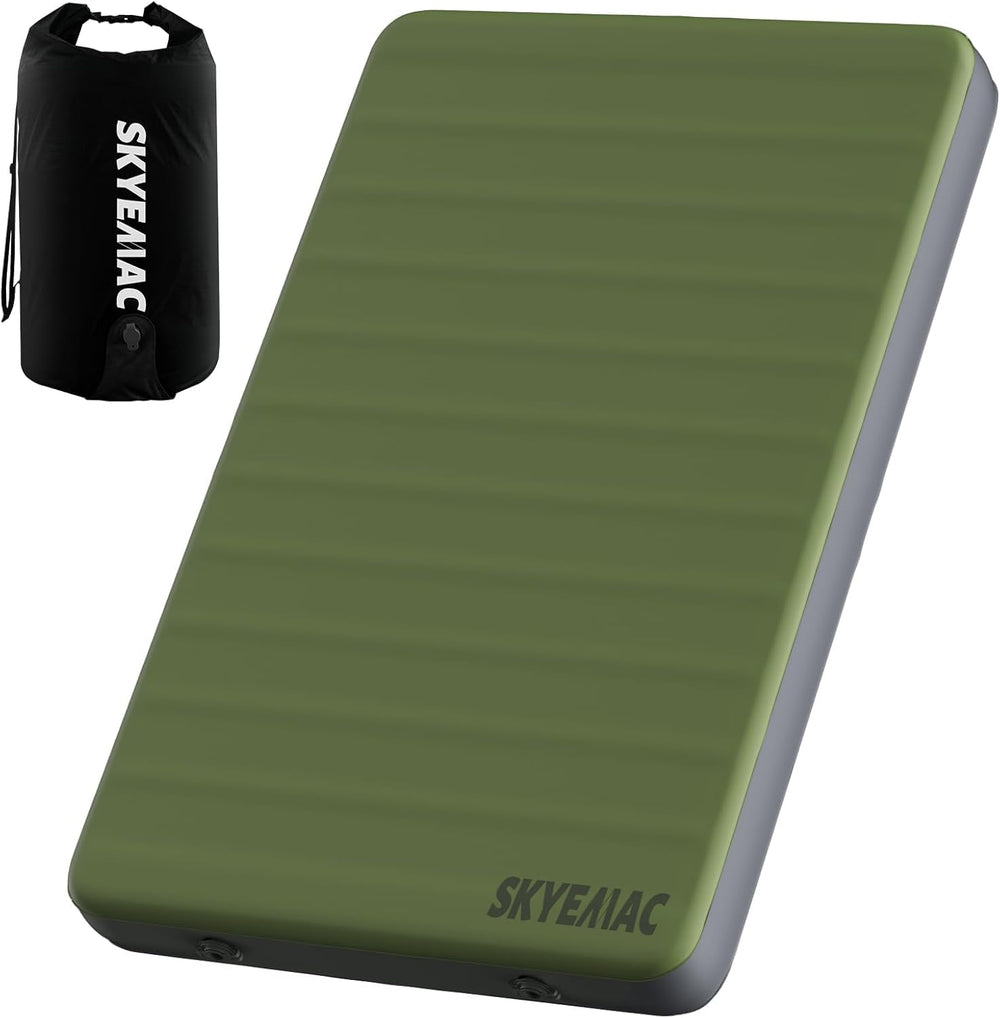 Skyemac self-inflating memory foam pad during setup for easy camping comfort
