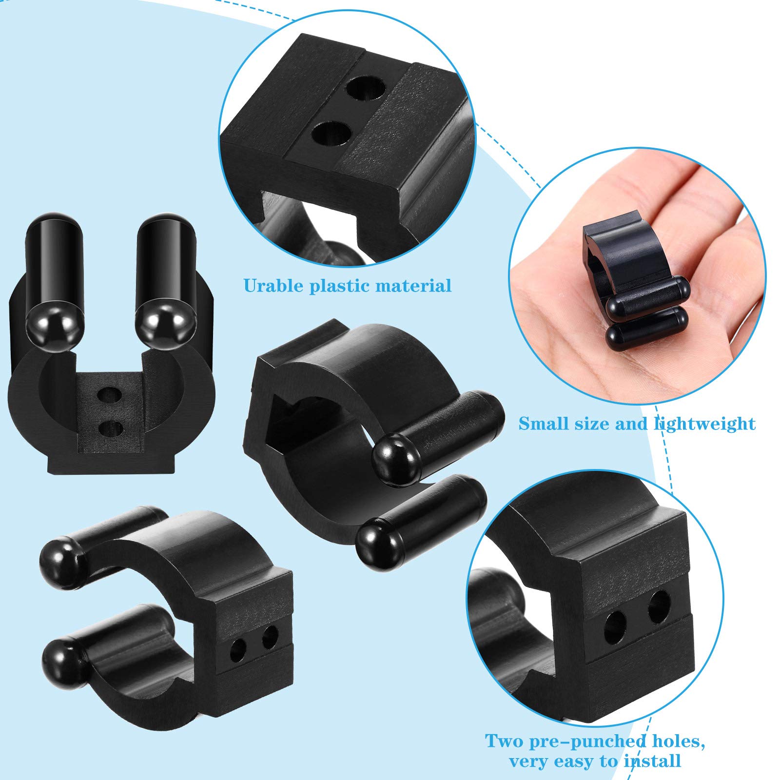 Display of 40-piece clip set for fishing rods and cues