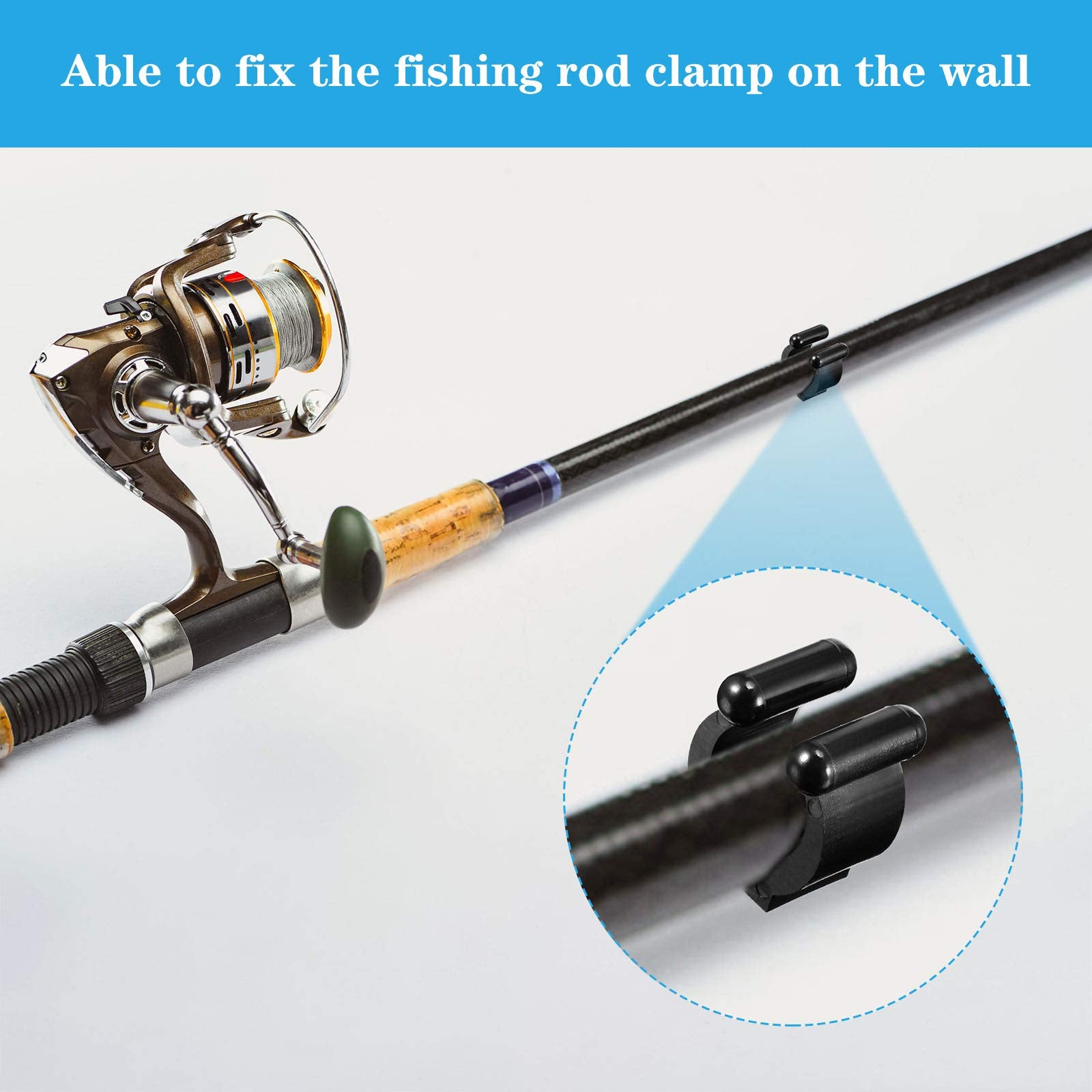 Shelf-mounted display showing fishing rod and cues with clips