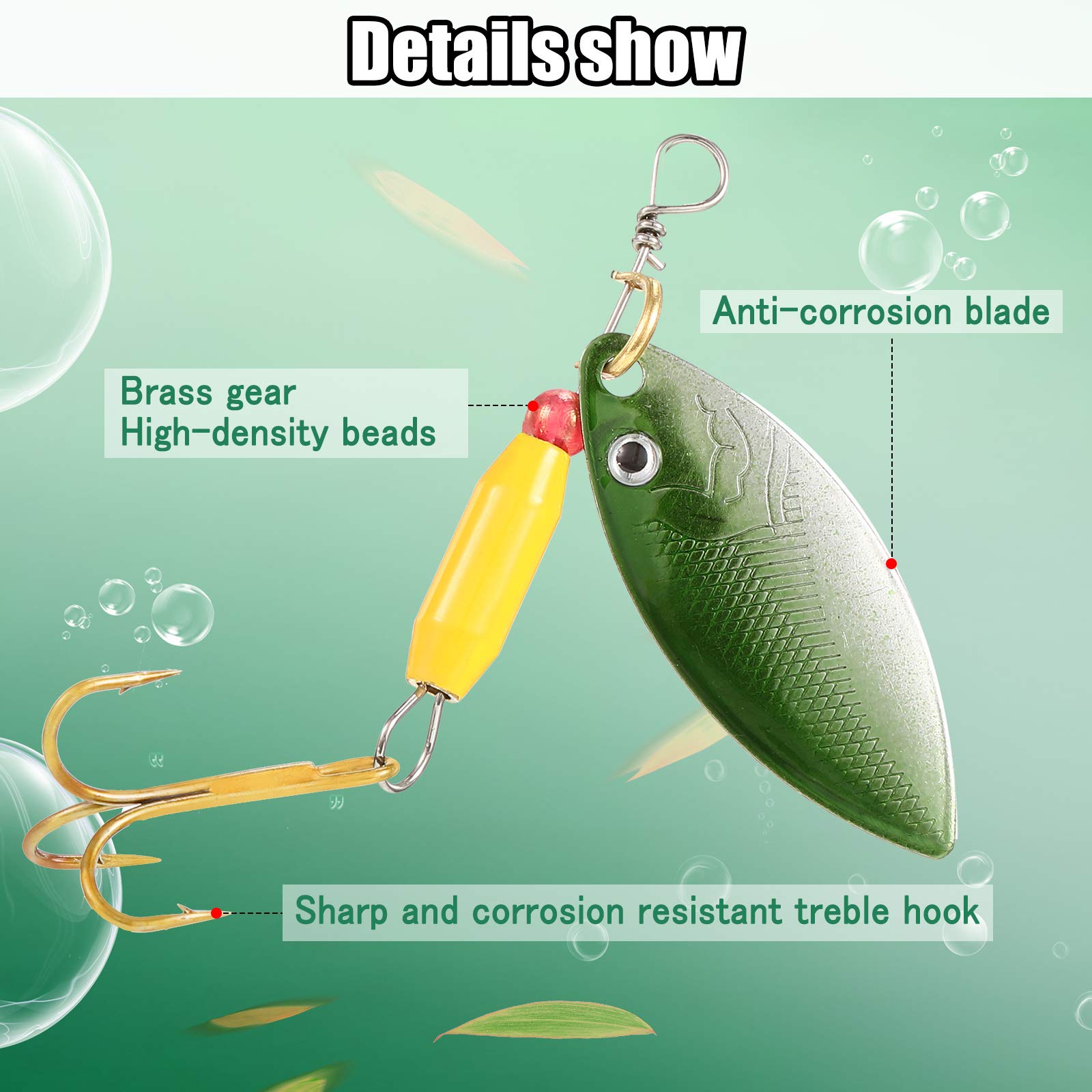 Brightly colored sleeves and blades on spinner lures