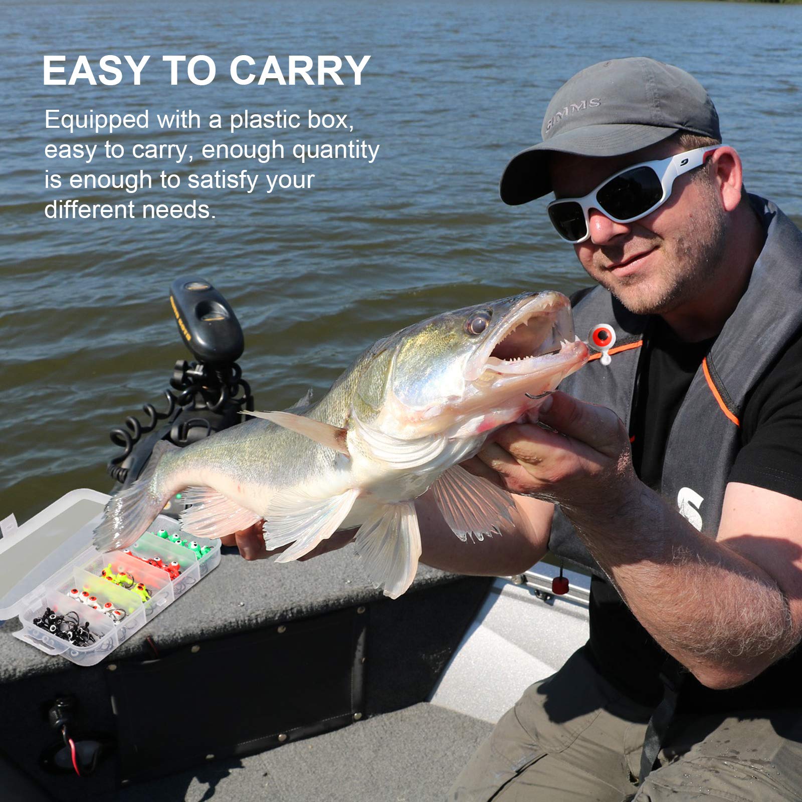 Assorted bright color jig heads in transparent storage box