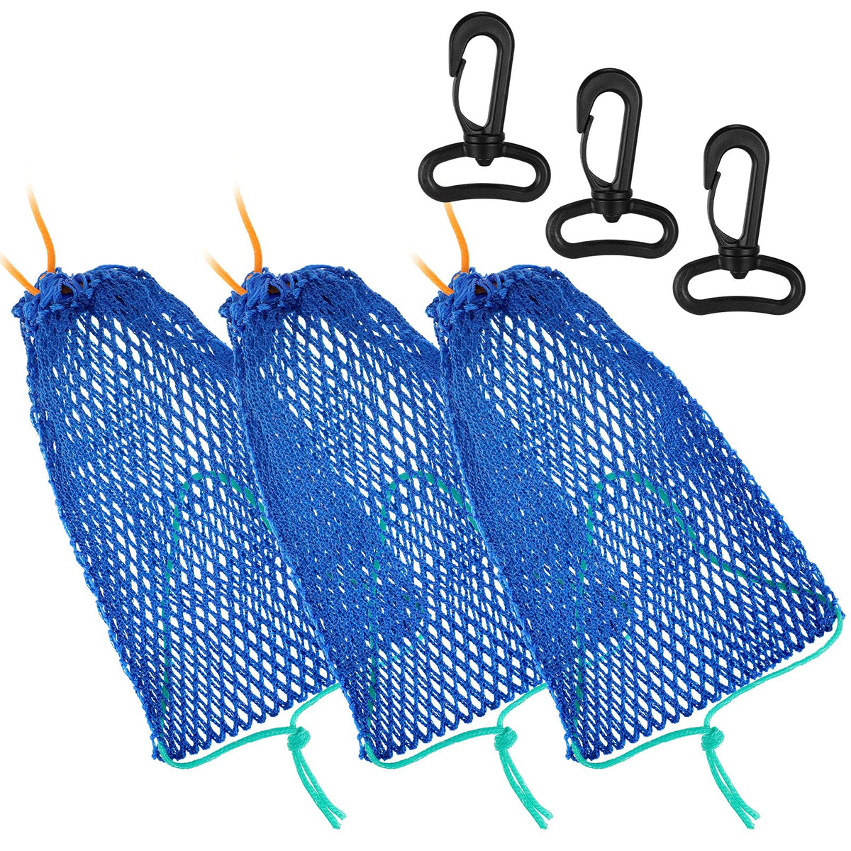 Blue nylon mesh crab trap bait bag close-up