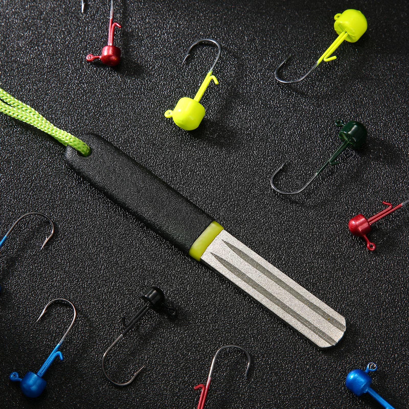 Diamond hook file sharpeners for fishing with storage rope