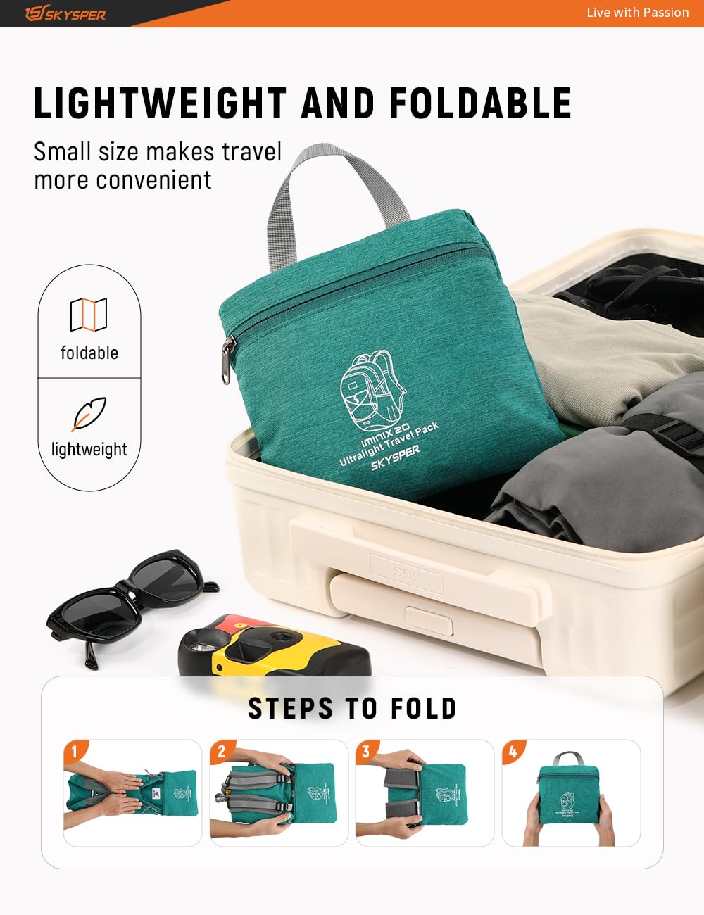 SKYSPER foldable 20L backpack folds into a compact pack for effortless storage.