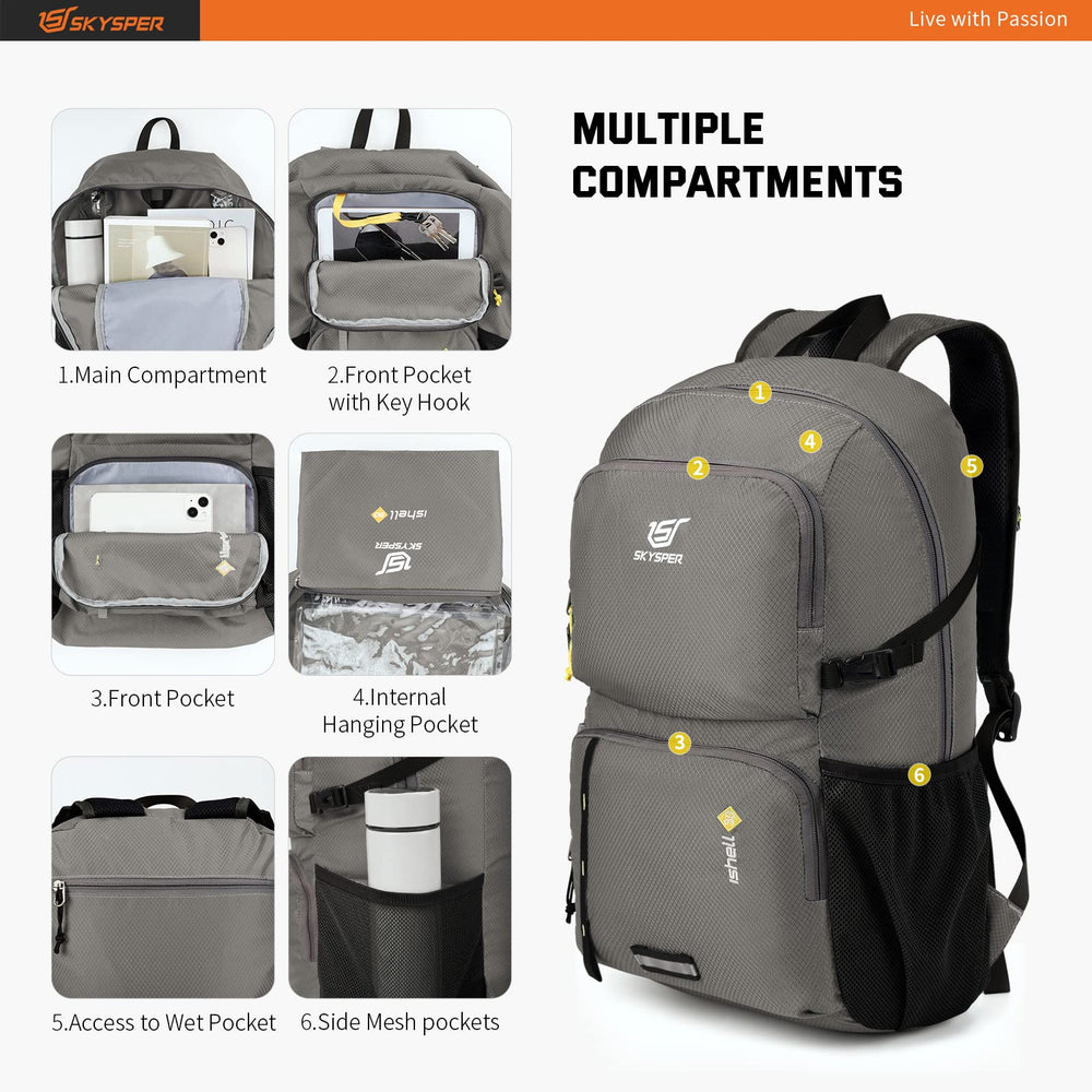 SKYSPER foldable backpack packed in luggage, space-saving travel.
