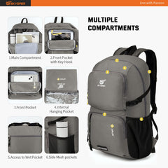 SKYSPER foldable backpack packed in luggage, space-saving travel.