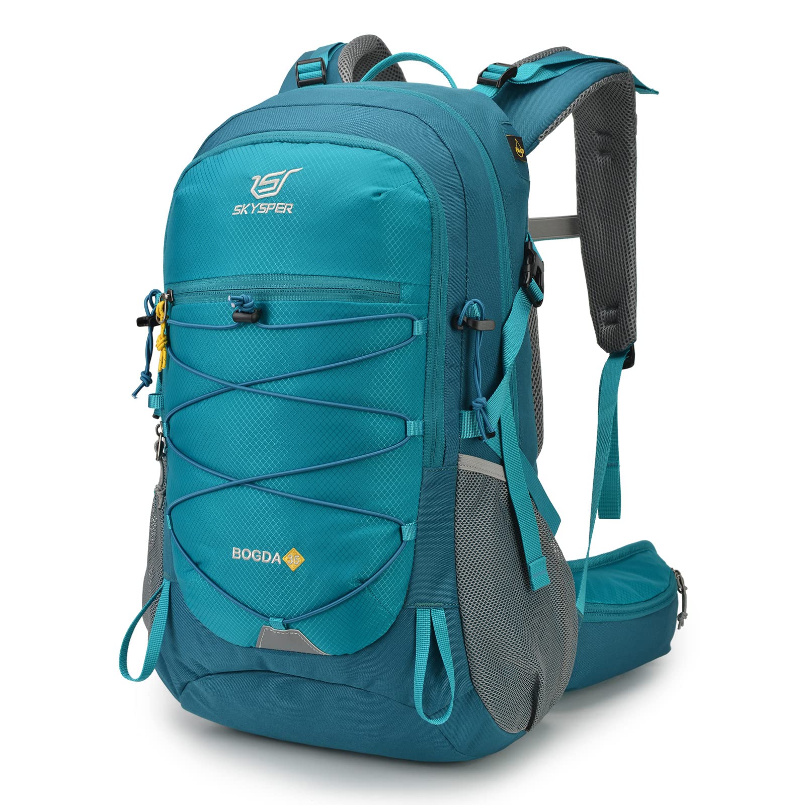 SkySPER hiking backpack water-resistant fabric highlights rugged durability for outdoor adventures.