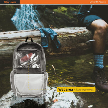 SKYSPER packable backpack wet pocket closeup shows waterproof compartment.