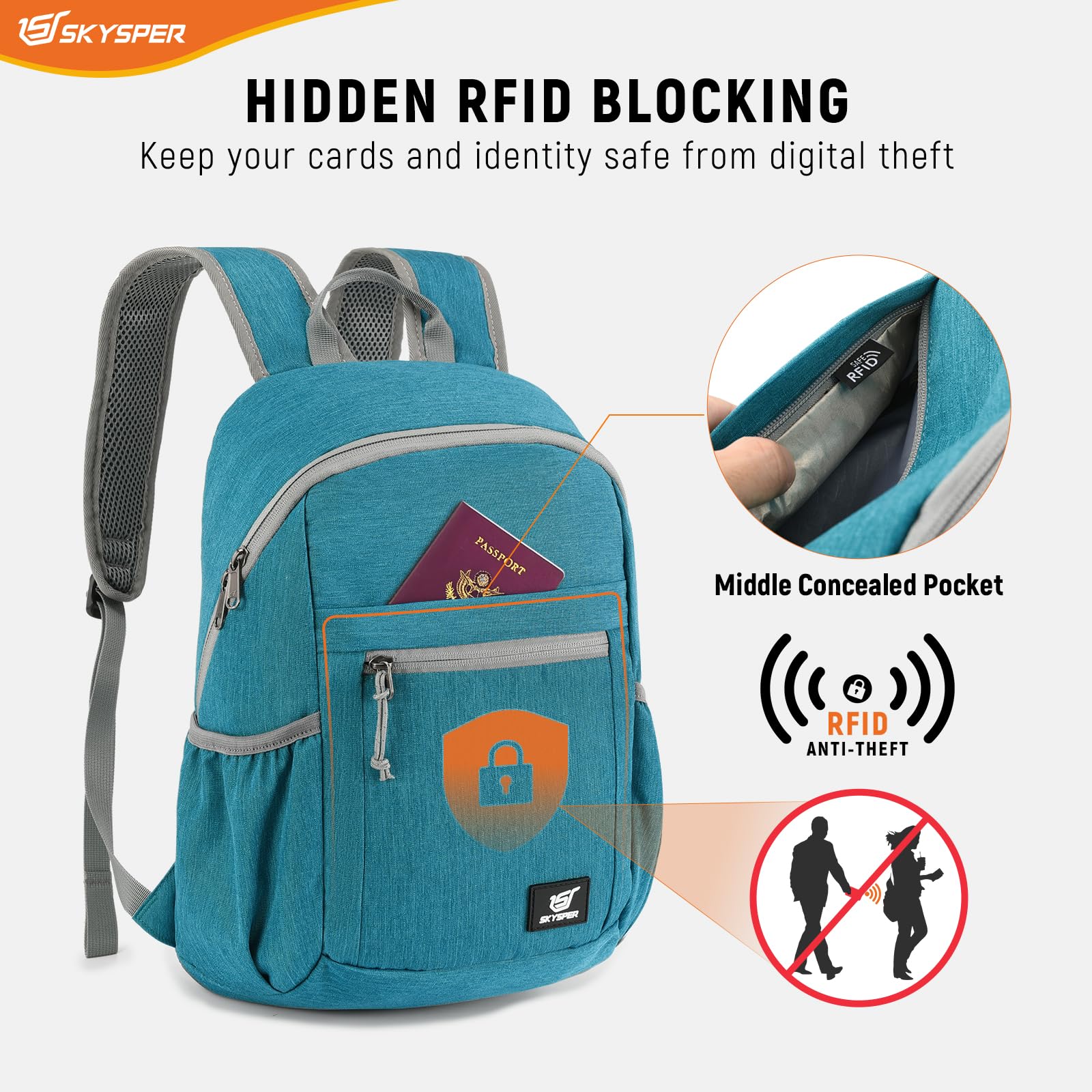 Skysper RFID middle-pocket closed highlights protection for passport and cards during travel.