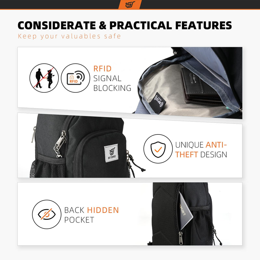 SkySPER sling bag built in anti theft fob and hidden back pocket for security