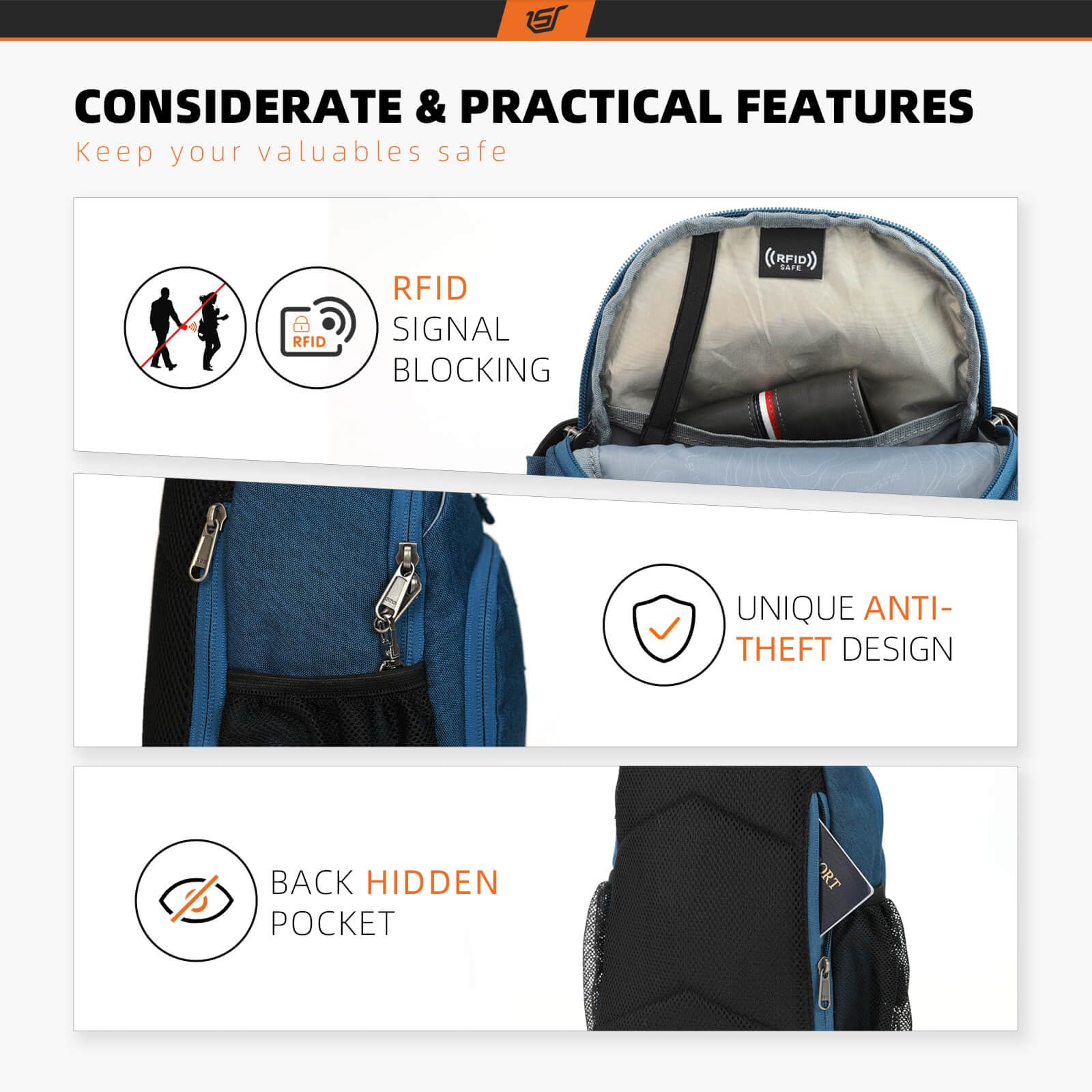 SKYSPER Sling Bag hidden back pocket keeps valuables secure.
