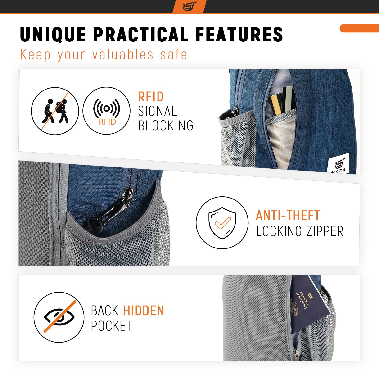 Hidden back pocket on SKYSPER sling bag for valuables