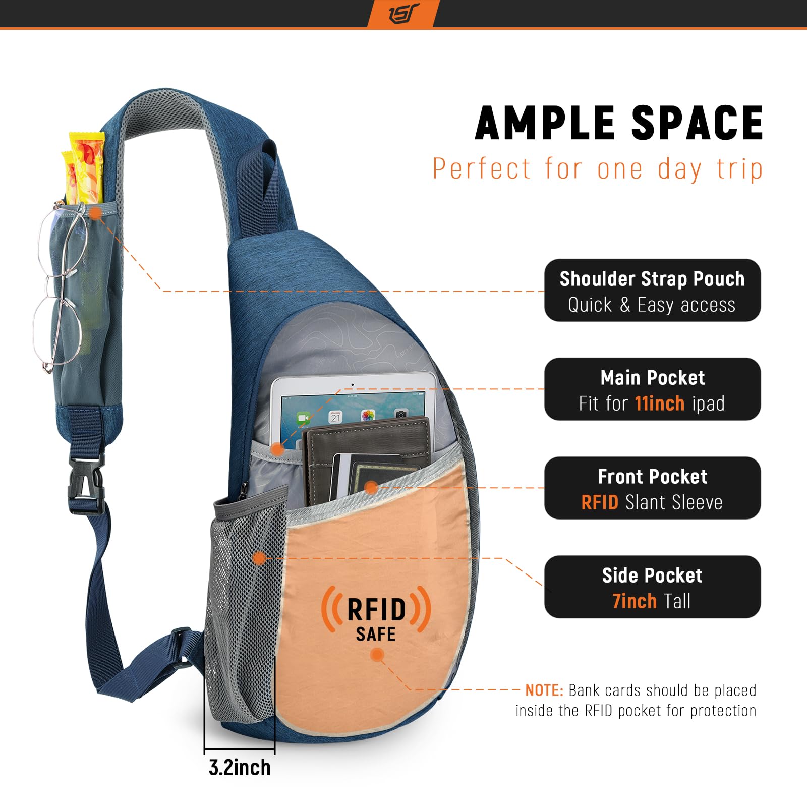Main compartment with anti-theft zipper on SKYSPER sling bag
