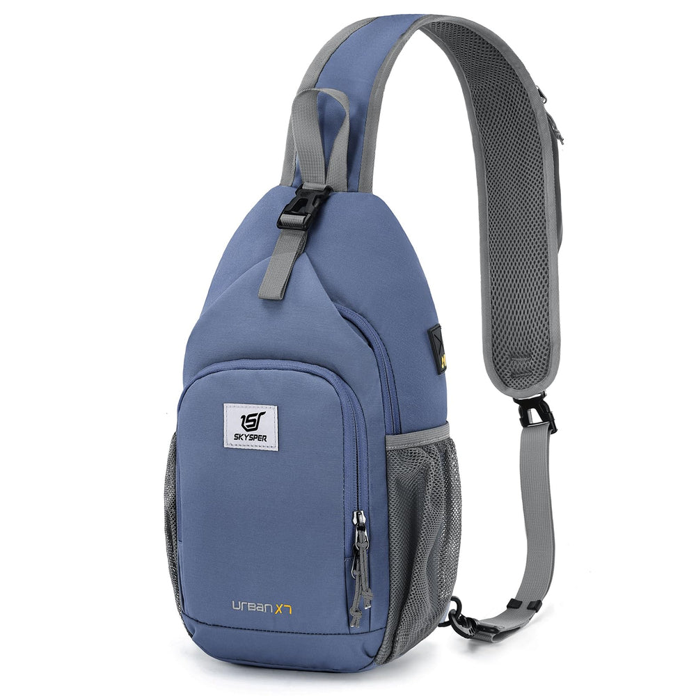 SkySPER Sling Bag Periwinkle front view highlights organized compartments for daily carry