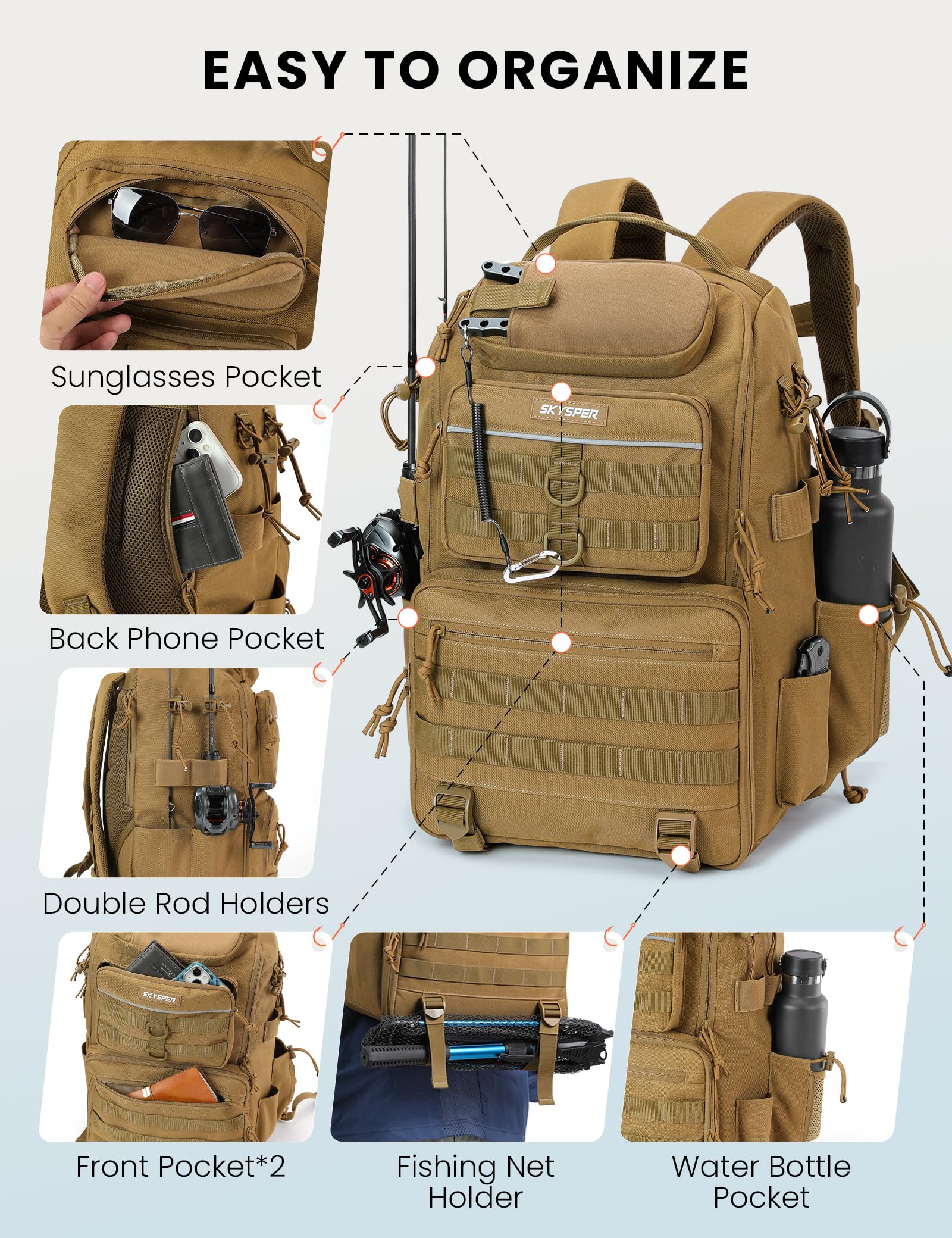 SKYSPER tackle backpack dual shoulder straps provide ergonomic comfort on long outings.
