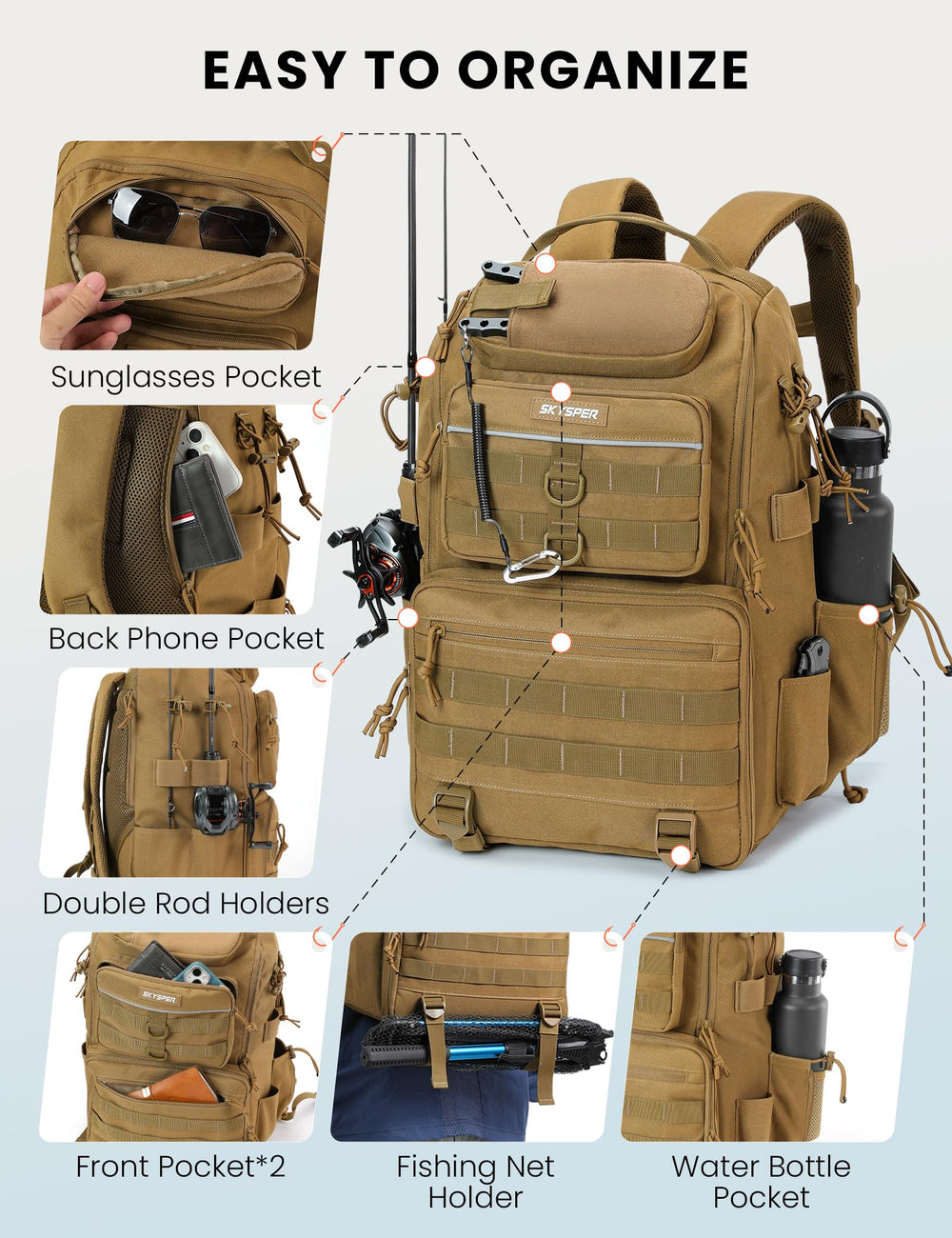 SKYSPER tackle backpack dual shoulder straps provide ergonomic comfort on long outings.