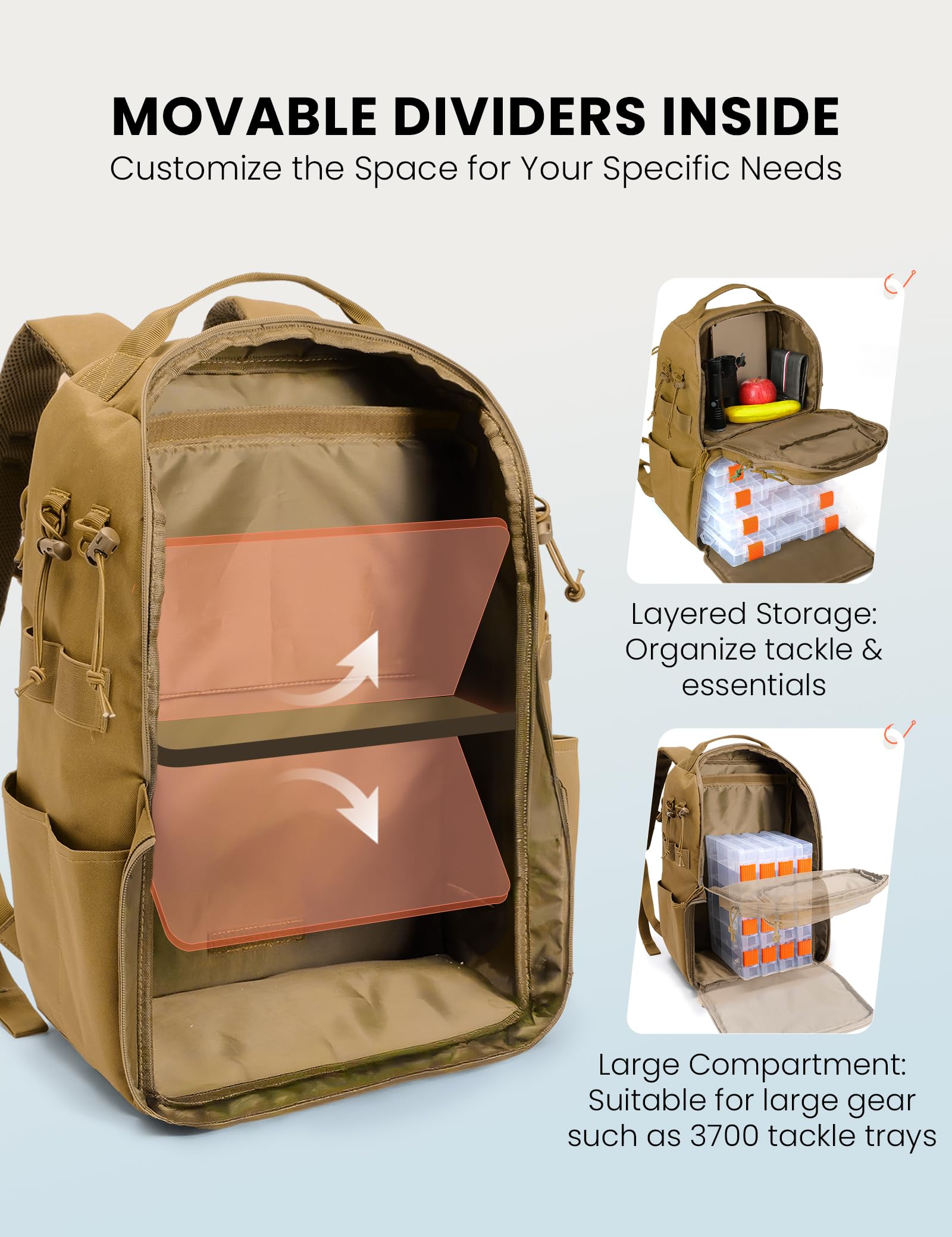 SKYSPER tackle backpack foldable divider demonstrating flexible organization for tackle boxes.