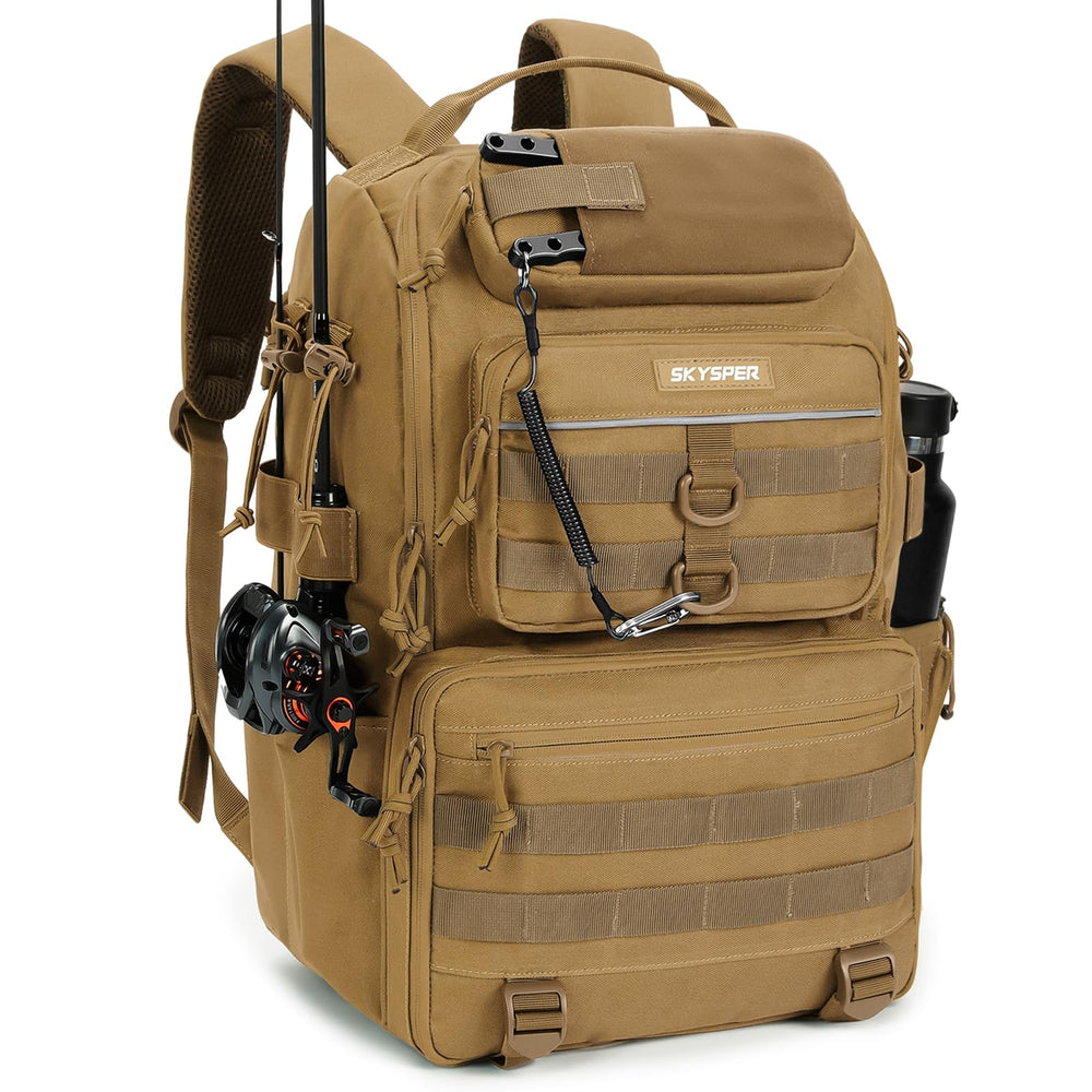 SKYSPER tackle backpack front view showing spacious 40L storage and gear-ready layout.