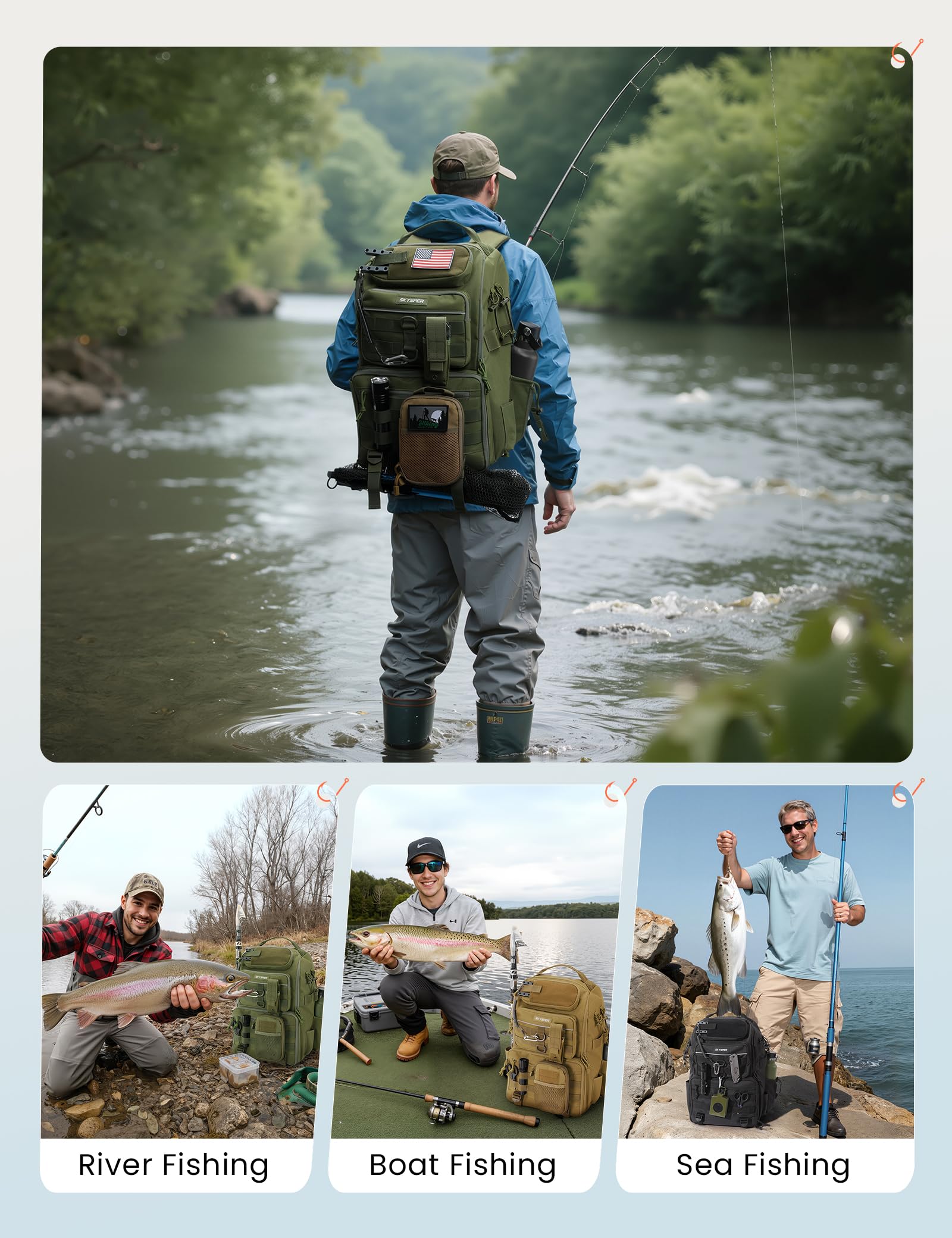 SKYSPER tackle backpack reinforced base aids upright stability during transport.