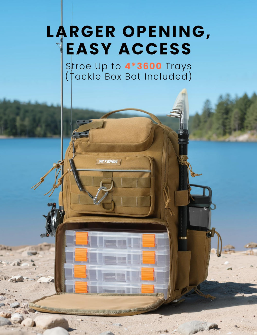 SKYSPER tackle backpack side with MOLLE webbing for versatile attachments and quick access.