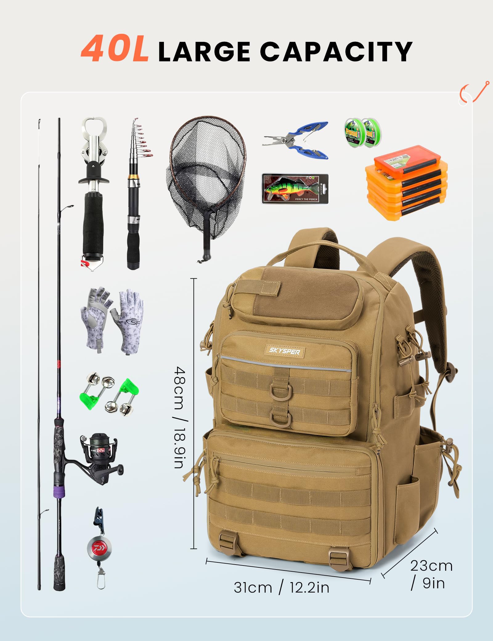 SKYSPER tackle backpack water bottle pocket keeps hydration within reach.