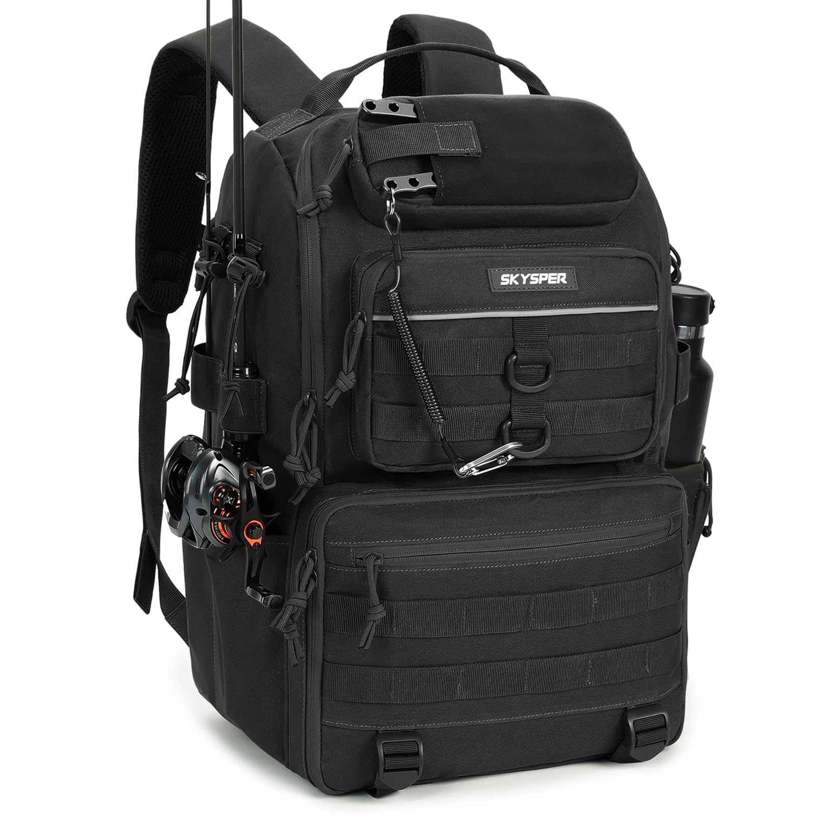 Front view of SKYSPER 40L fishing backpack in black