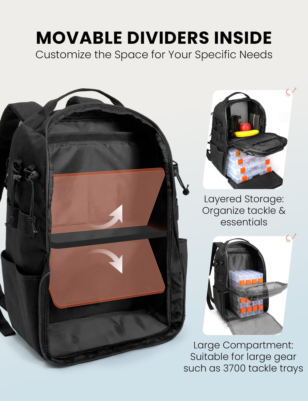 Dedicated sunglasses pocket and small-item pouches