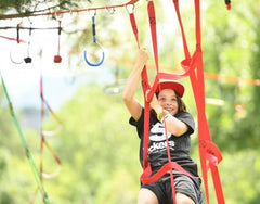 Slackers Ninja Cargo Net red full assembly demonstrates sturdy construction for play and obstacle courses.