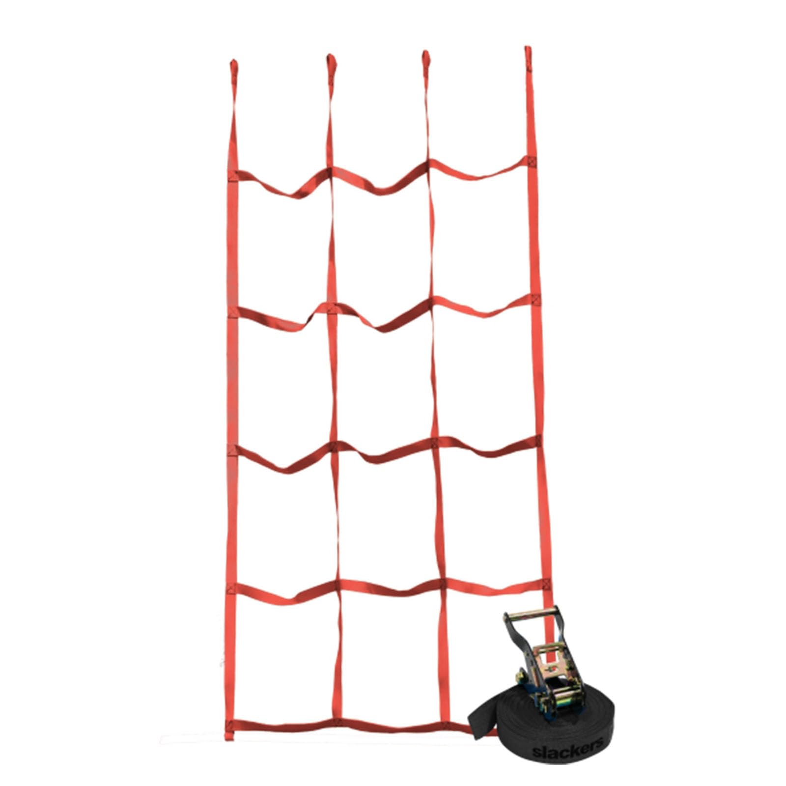 Slackers Ninja Cargo Net red in use with Ninja Line shows engaging obstacle integration.