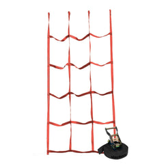 Slackers Ninja Cargo Net red in use with Ninja Line shows engaging obstacle integration.