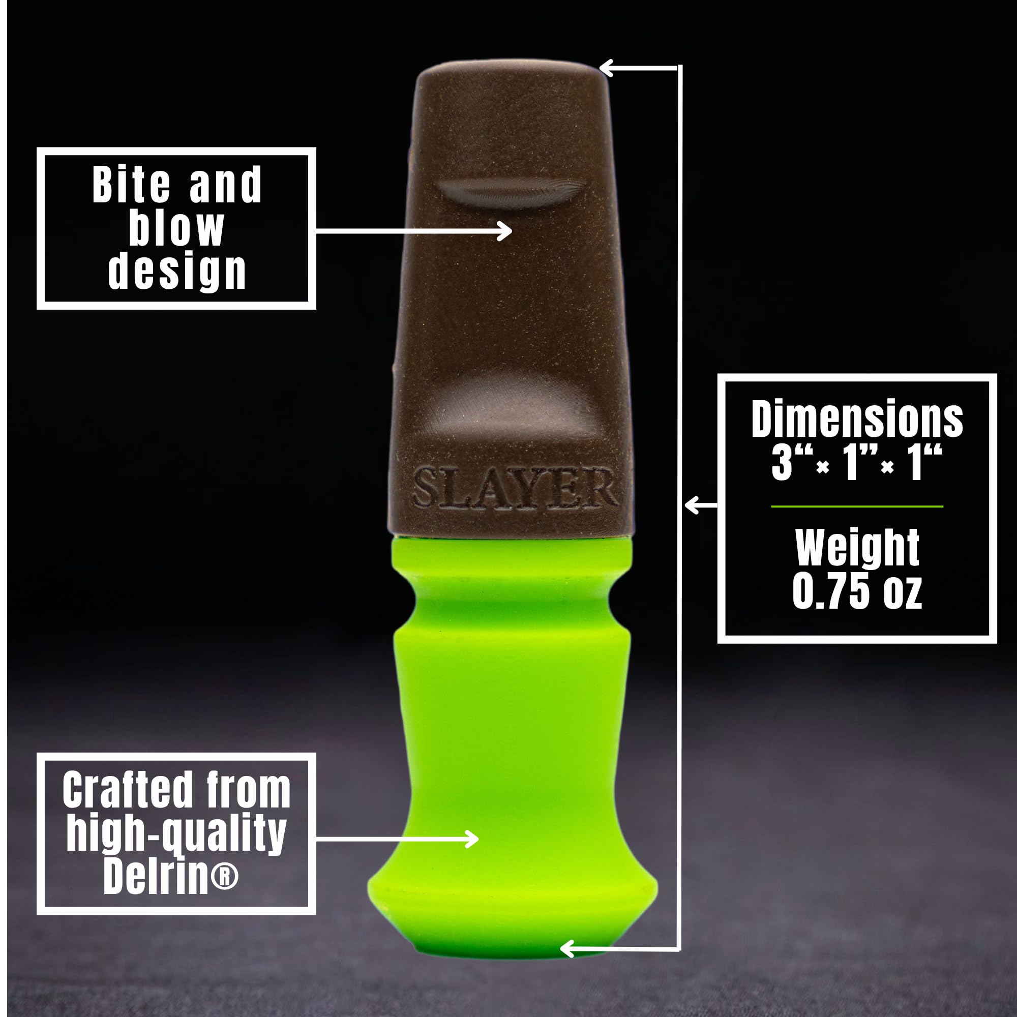 Slayer Calls Harem Elk Call close-up on bite-blow mouthpiece enables easy operation.